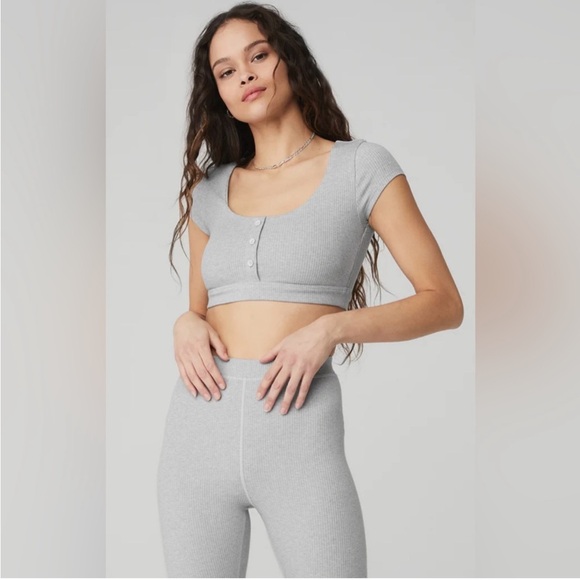 ALO Yoga Blissful Henley Bra Top Heather Gray - Picture 1 of 7